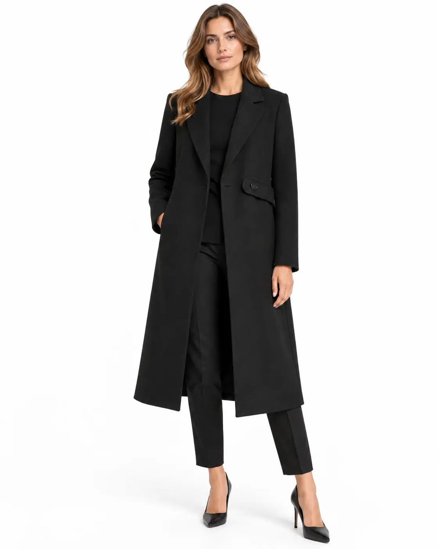 Manteau Long Femme - Cintré Col Cranté Boutonnage Simple Noir porté