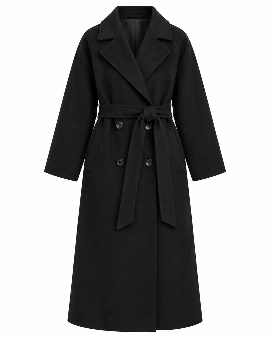 Manteau Long Femme - Oversize Col Cranté Ceinture à Nouer Noir