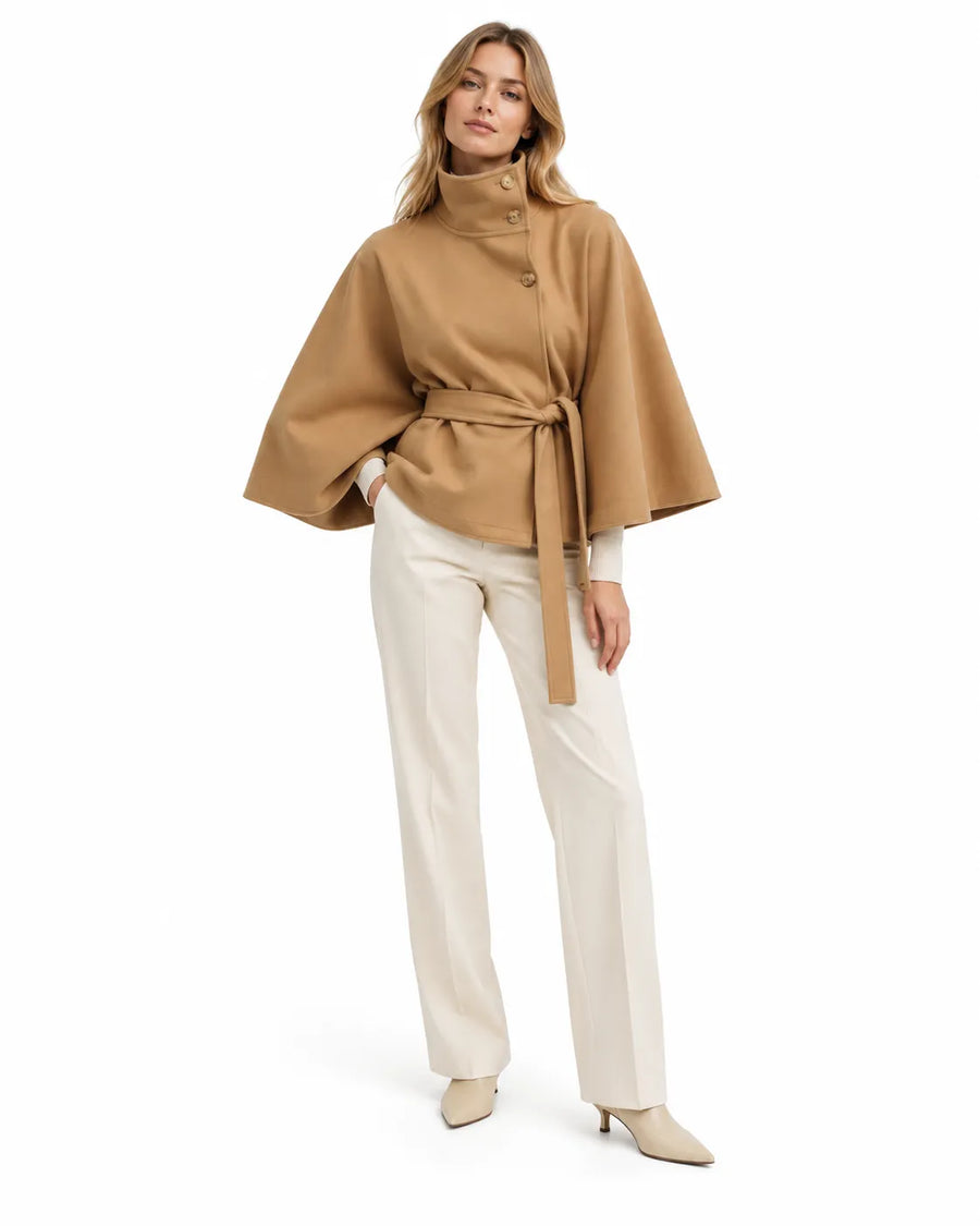 Manteau Trench en Laine Mélangée - Col Montant Boutonné, Ceinture Cintrée
