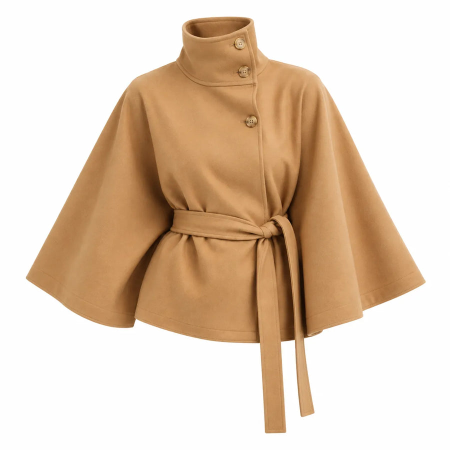 Manteau Trench en Laine Mélangée - Col Montant Boutonné, Ceinture Cintrée