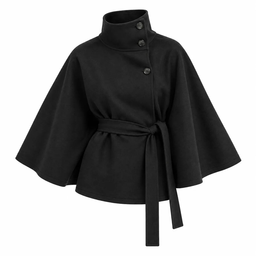 Manteau Trench en Laine Mélangée - Col Montant Boutonné, Ceinture Cintrée