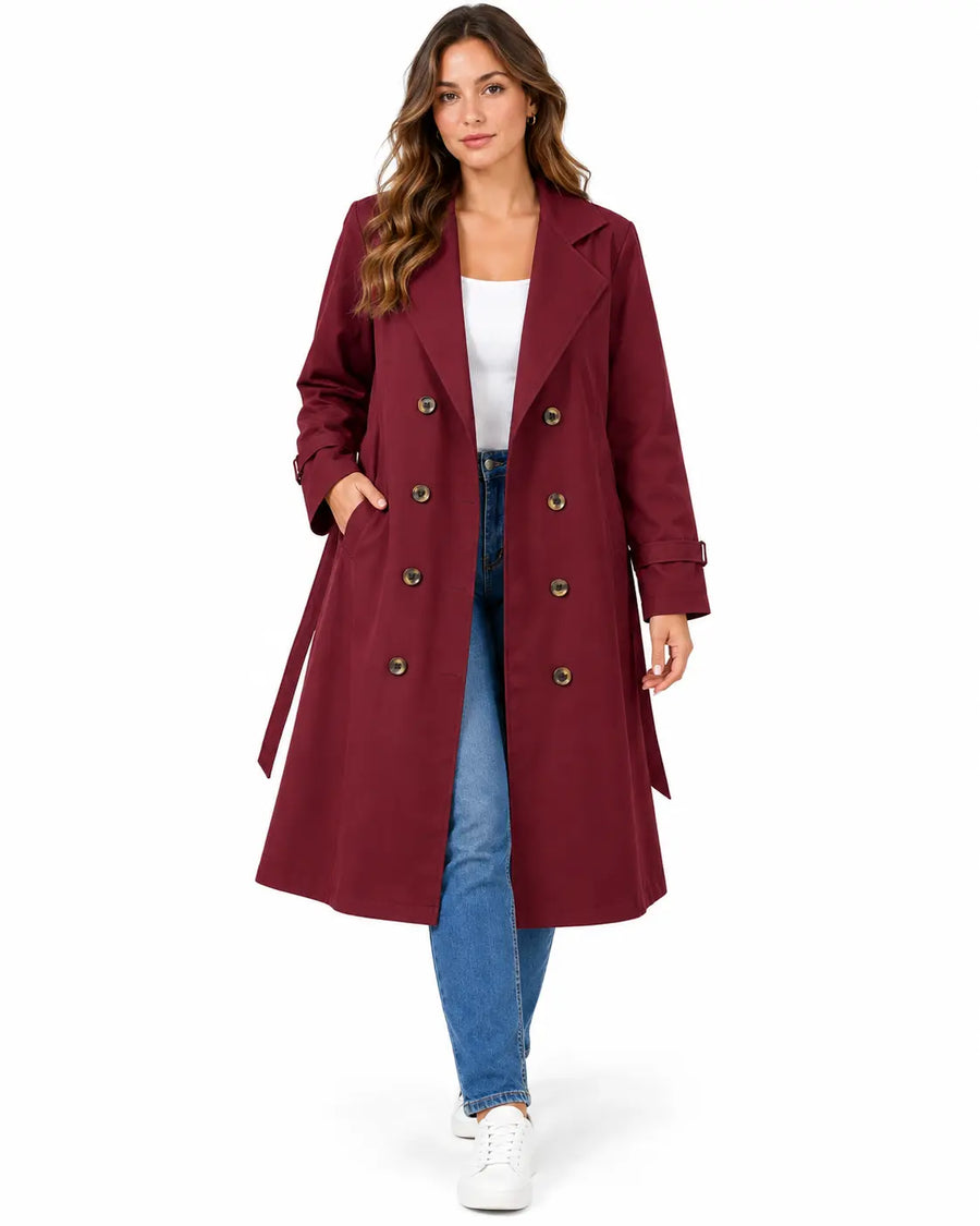 Manteau Trench Femme - Long Col Cranté Croisé Coupe Fluide Bordeaux porté