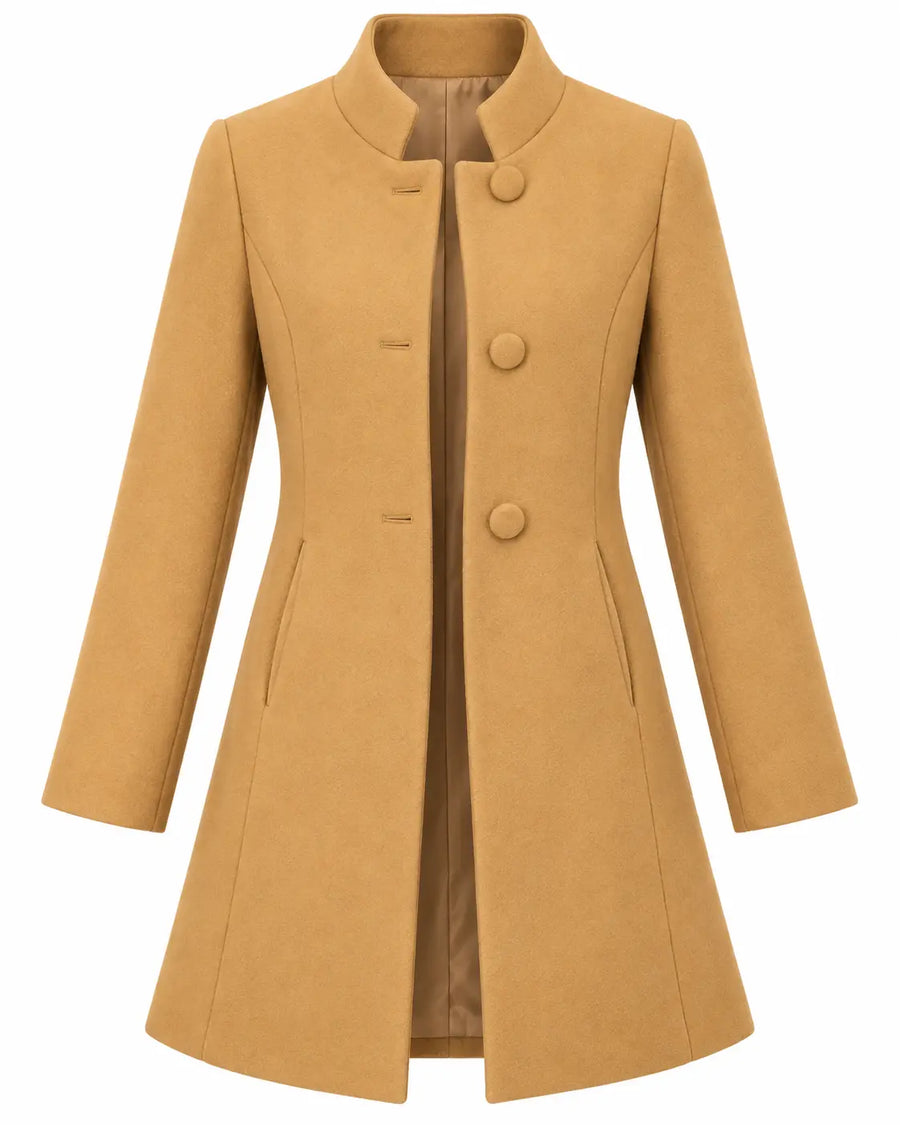 Manteau Trench Femme - Mi-Long Drap de Laine Col Montant Boutonné Abricot