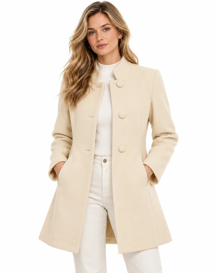 Manteau Trench Femme - Mi-Long Drap de Laine Col Montant Boutonné Abricot porté
