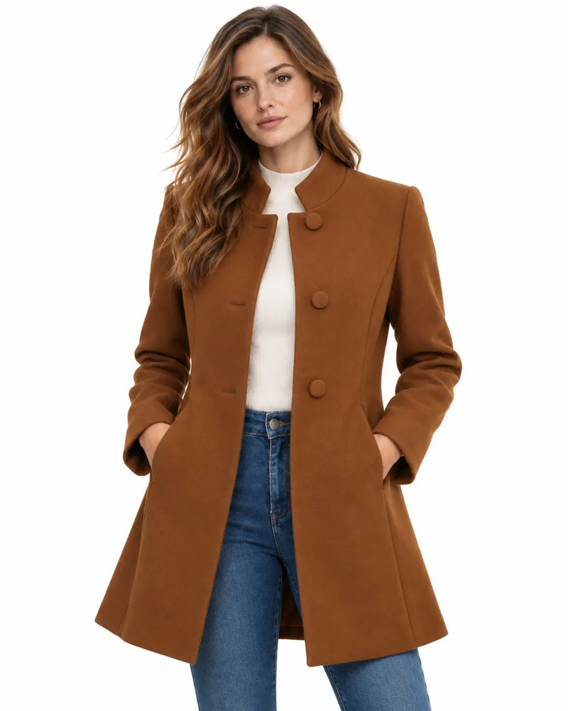 Manteau Trench Femme - Mi-Long Drap de Laine Col Montant Boutonné Marron porté