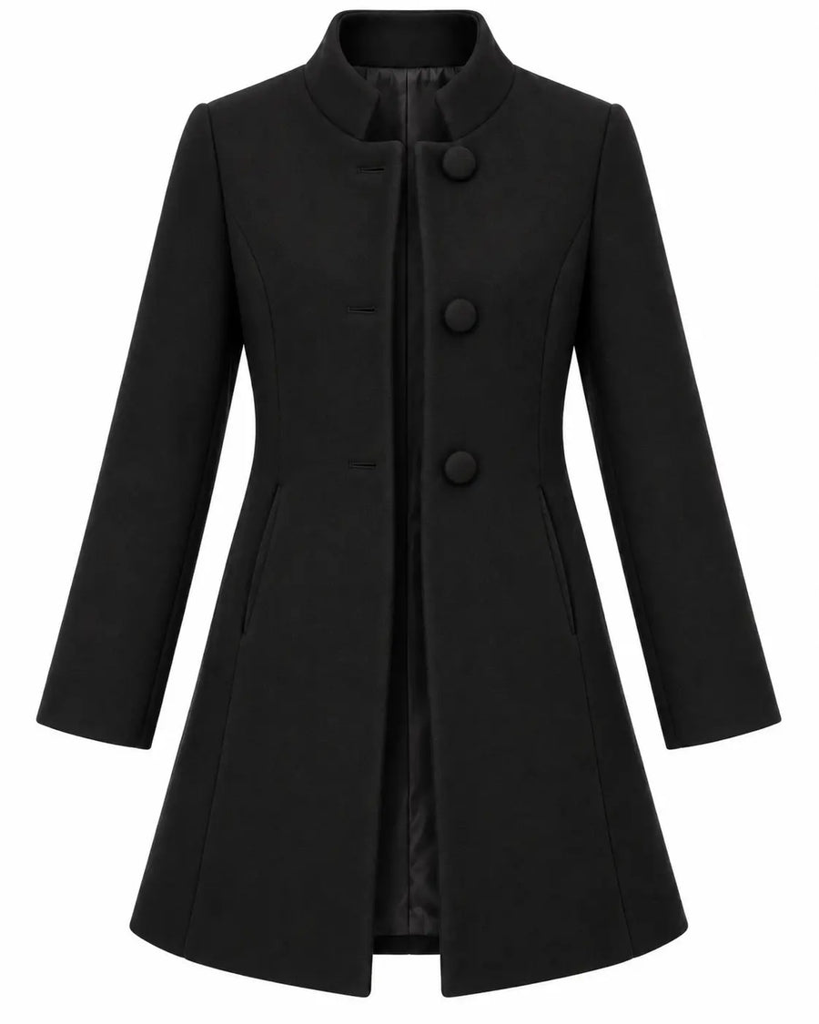 Manteau Trench Femme - Mi-Long Drap de Laine Col Montant Boutonné Noir