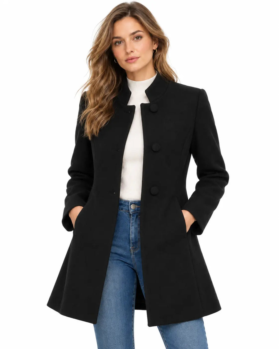 Manteau Trench Femme - Mi-Long Drap de Laine Col Montant Boutonné Noir porté