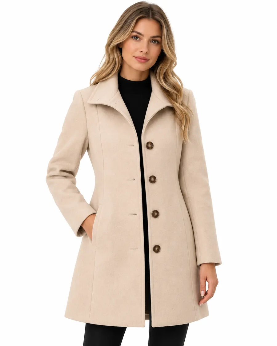 Manteau Trench Femme - Mi-Long Lainage Col Chemise Poches Abricot porté