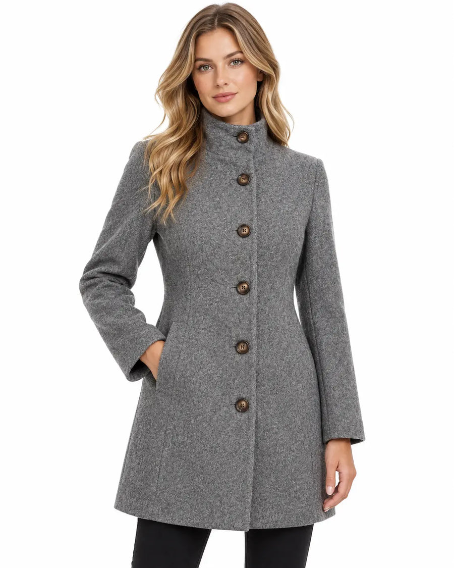 Manteau Trench Femme - Mi-Long Lainage Col Chemise Poches Gris clair porté