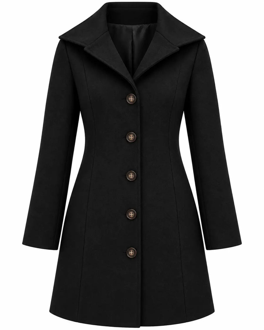 Manteau Trench Femme - Mi-Long Lainage Col Chemise Poches Noir