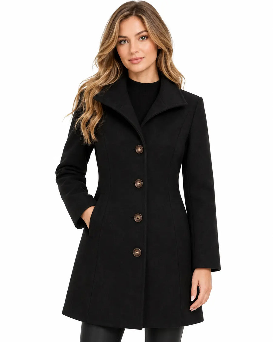 Manteau Trench Femme - Mi-Long Lainage Col Chemise Poches Noir porté