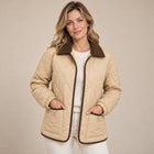 Veste Matelassée Courte Femme - Motif Carreaux Col Contrasté - Brun jaune