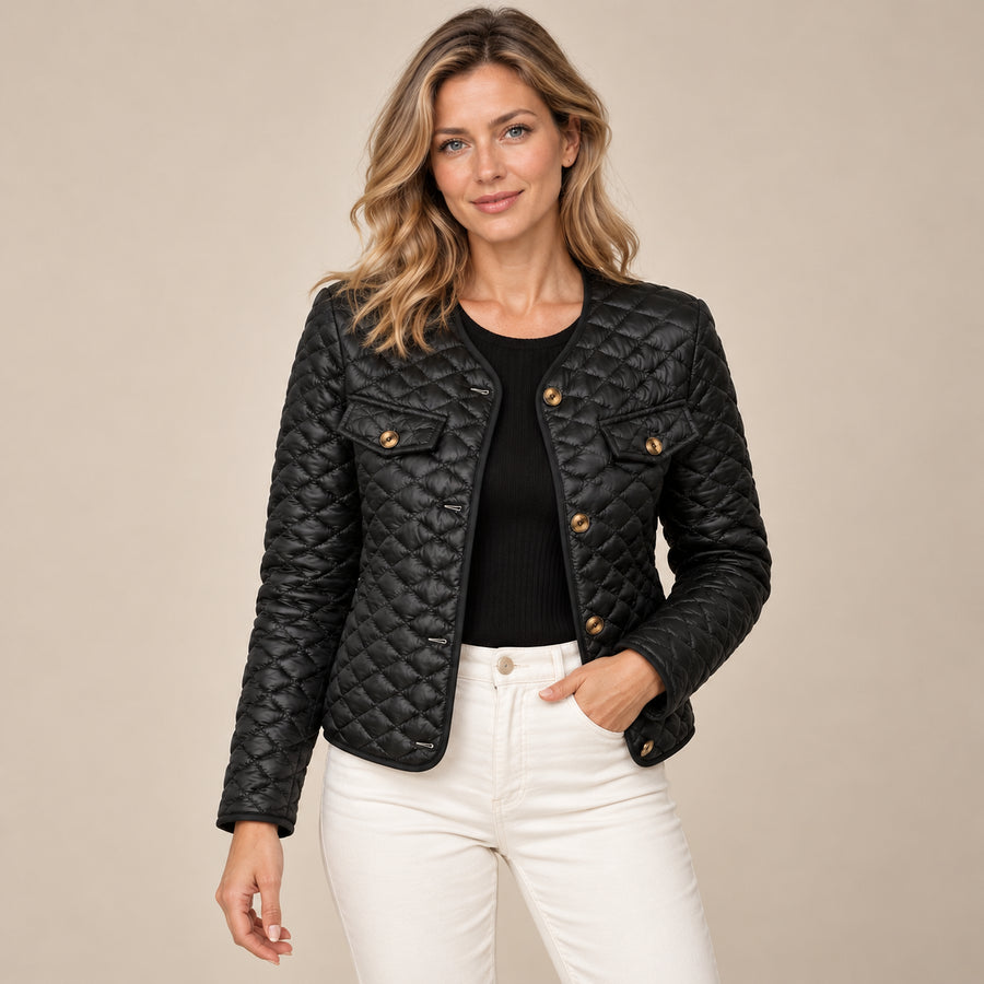 Veste Matelassée Femme - Col V Boutons Décoratifs Manches Longues - Noir - photo portée sur fond beige