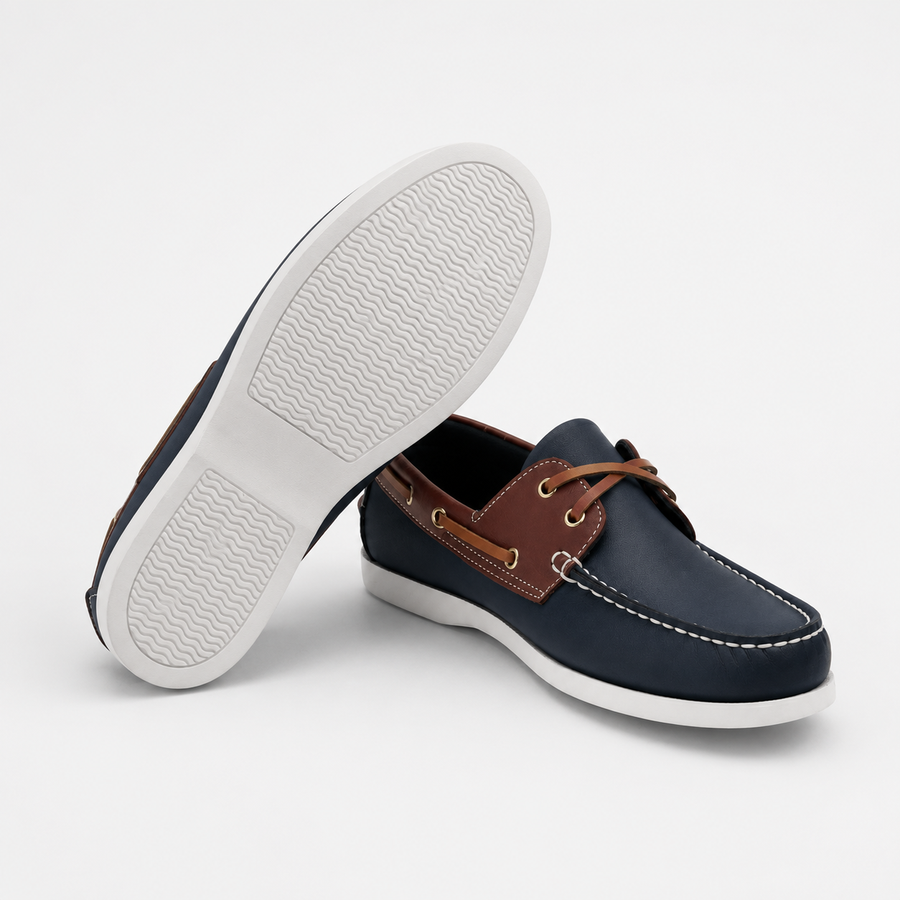 mocassin bicolore bleue et marron a lacet vue complete et semelle