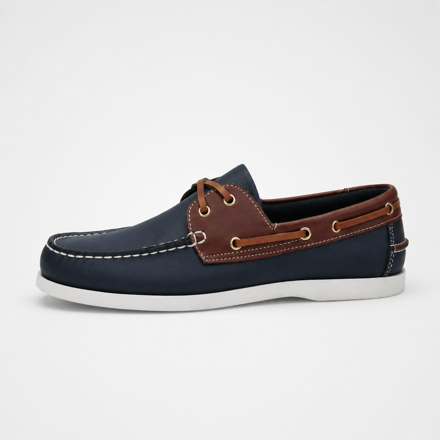 mocassin bicolore bleue et marron a lacet vue de cote non portee