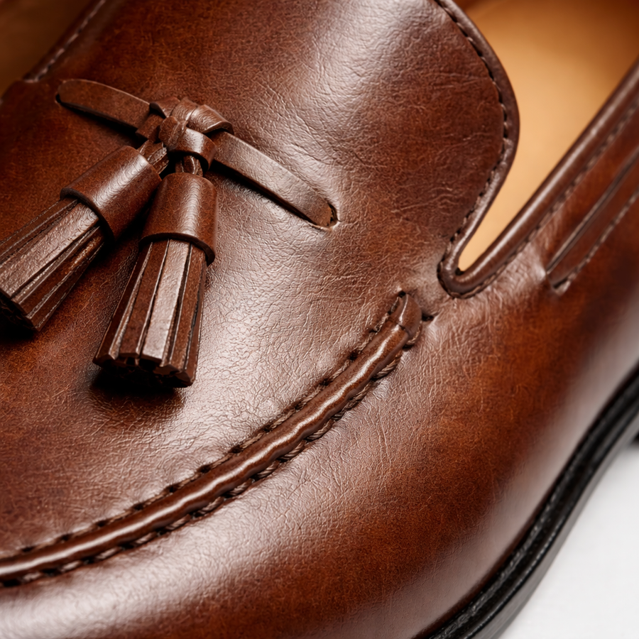 mocassin en cuir vernis marron vue des details tres proche