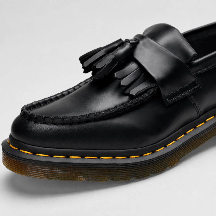 Gros plan sur un mocassin en cuir noir pour femme