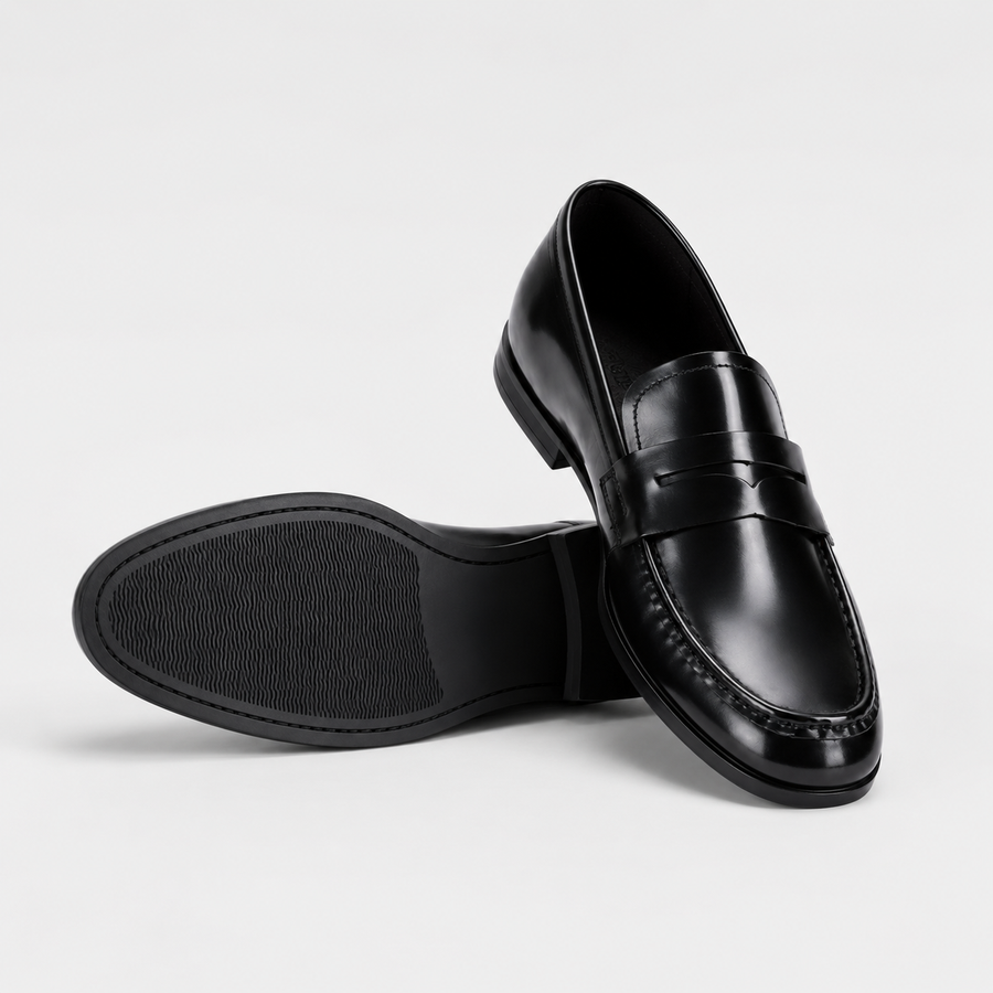 mocassin en cuir noir avec talon vue complete avec semelle 