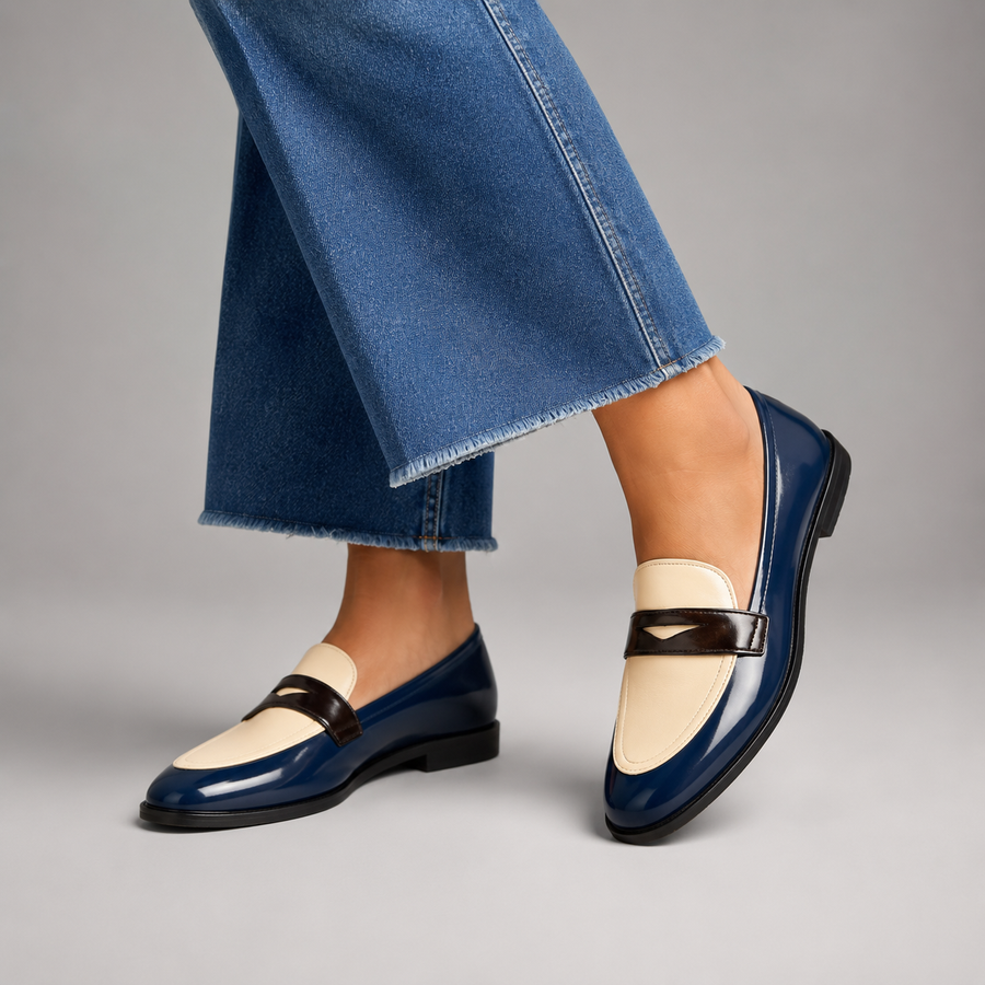mocassin femme a bout rond blanc vue portée photo studio vision moyenne proche