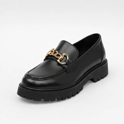 Mocassin femme noir plateforme boucle dorée semelle épaisse - vue face