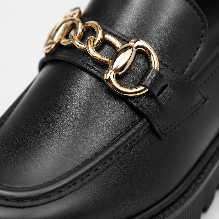 Mocassin femme noir plateforme boucle dorée - vue de dos
