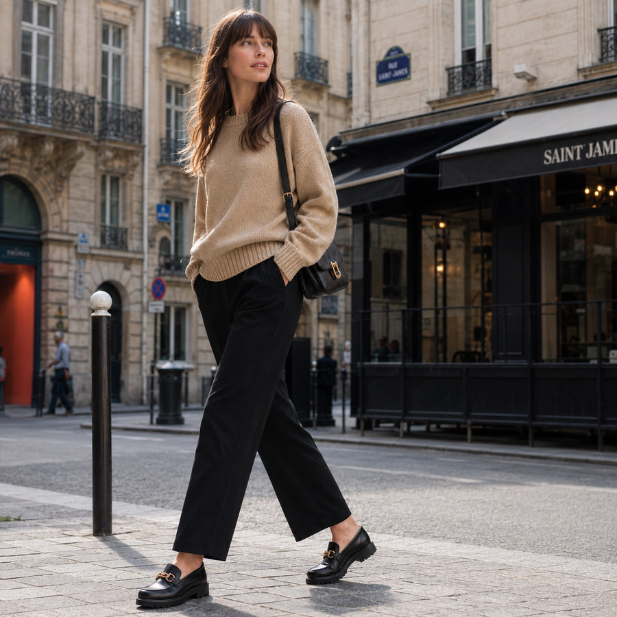 Mocassin femme noir semelle épaisse - vue d'ensemble posé
