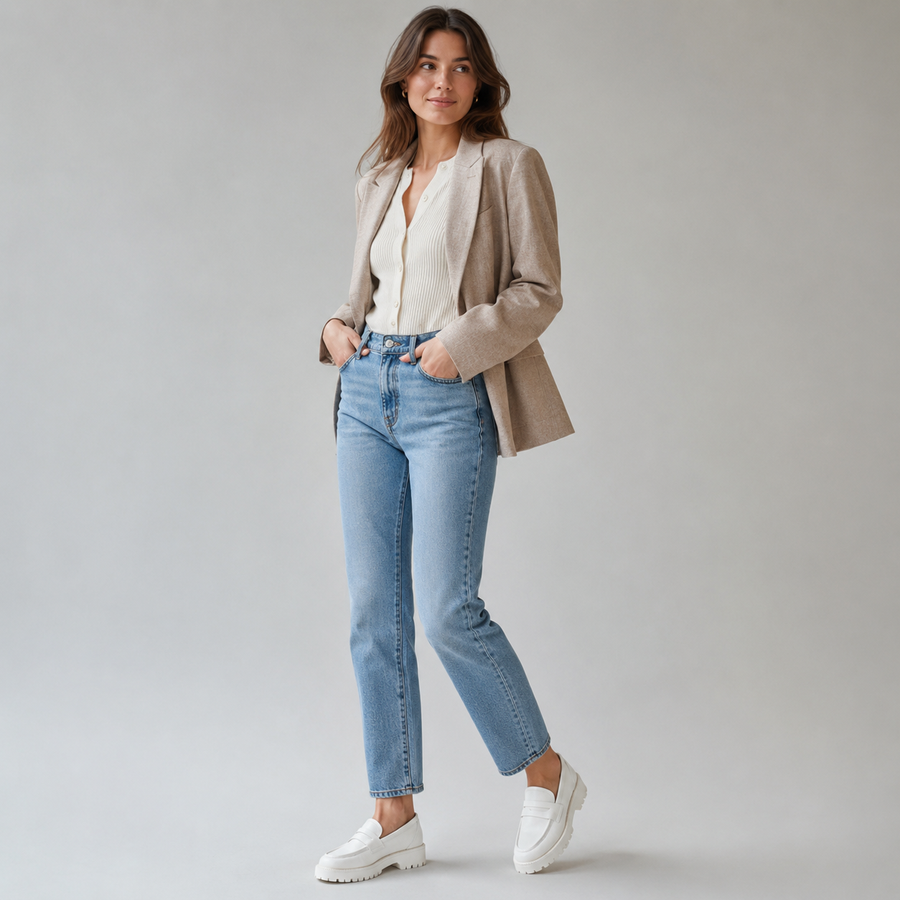 mocassin pour femme en cuir blanc avec plateforme vue complète mannequin mode lyfestyle