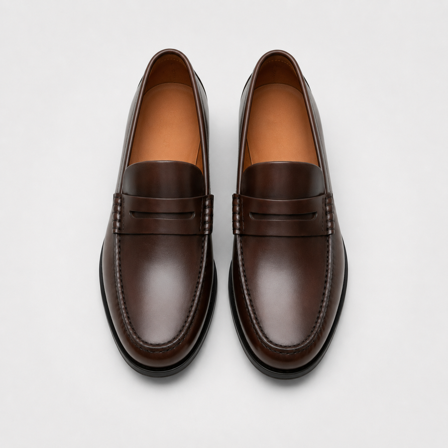 mocassin marron vernis a talon homme vue de hauteur vision semelle