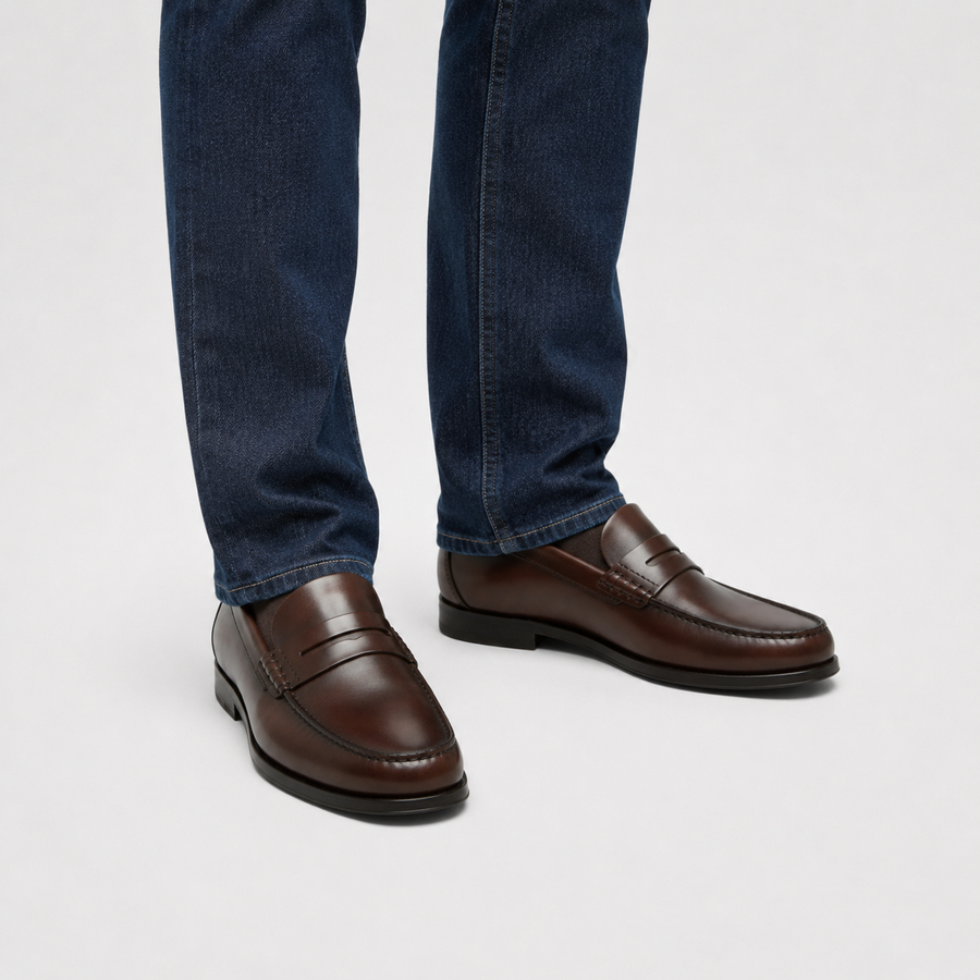 mocassin marron vernis a talon homme vue portee avec un jean