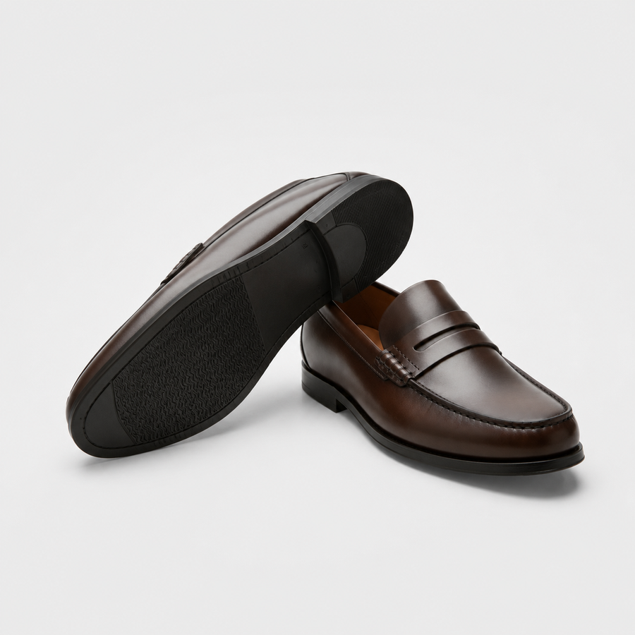 mocassin marron vernis a talon homme semelle et vision complete