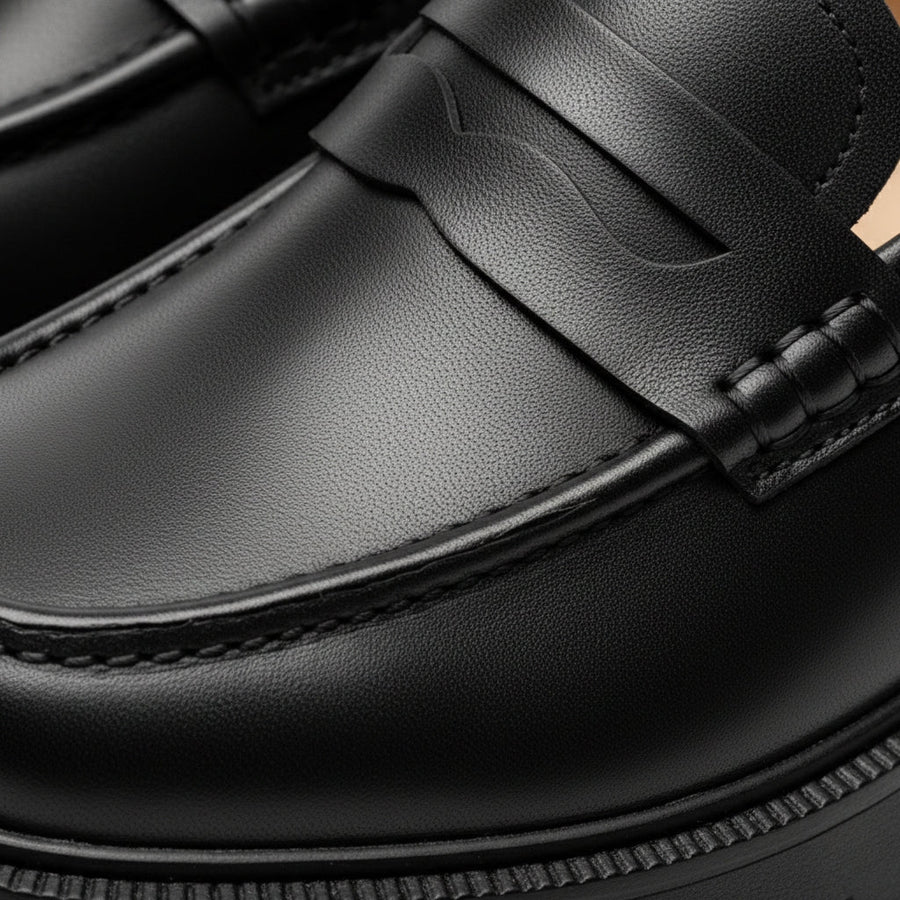 Gros plan sur le cuir noir d’un mocassin plateforme pour femme