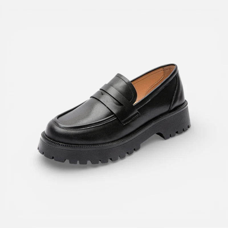Mocassin plateforme en cuir noir pour femme vue de profil