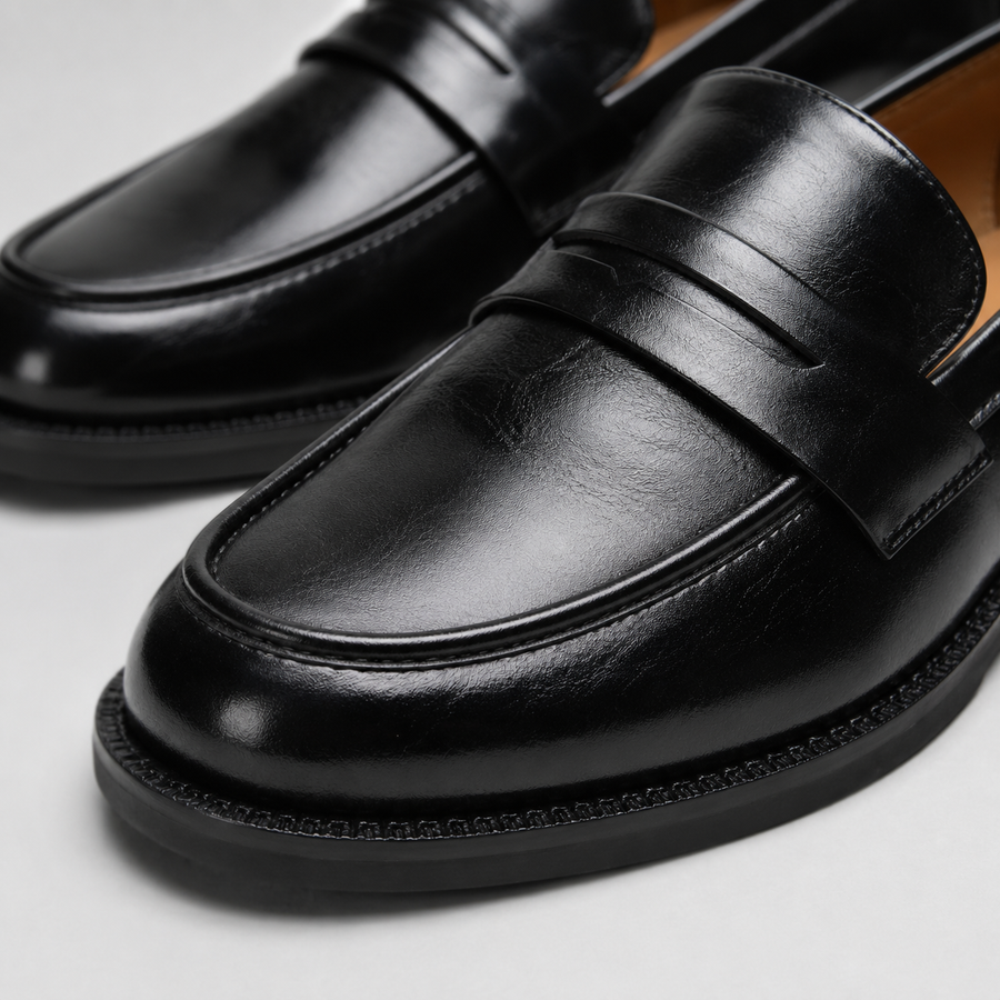 Gros plan sur un mocassin à talon en cuir vernis noir pour femme