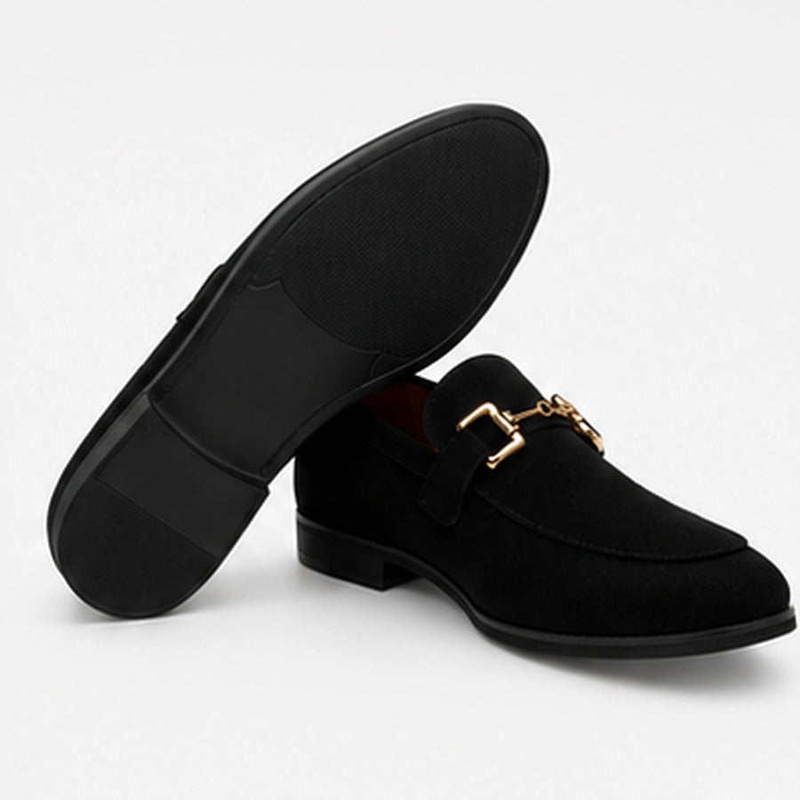 Mocassins homme Daim Nubuck Noir à Mors Doré – Chaussure Élégante Confortable Bureau Casual Soirée Détail Chic Tendance