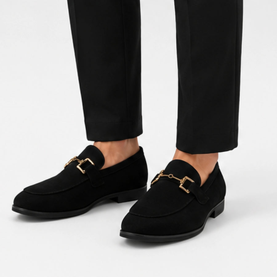 Mocassins homme Daim Nubuck Noir à Mors Doré – Chaussure Élégante Confortable Bureau Casual Soirée Détail Chic Tendance