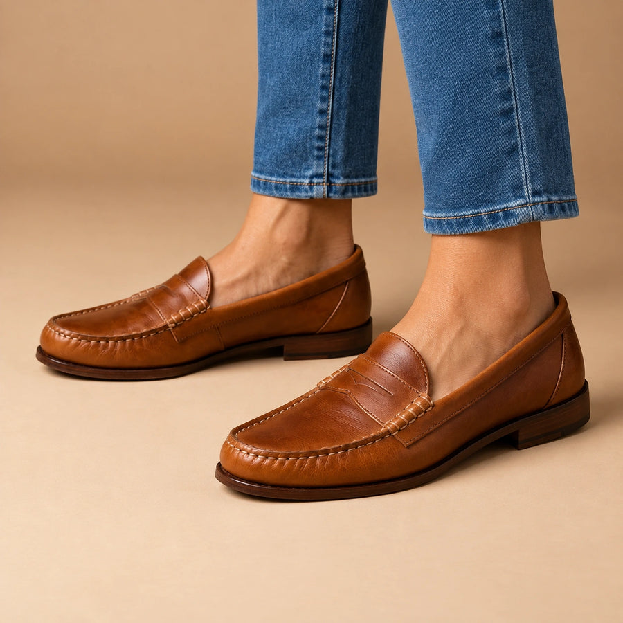 Mocassins femme brun portés — vue rapprochée des coutures sur fond beige