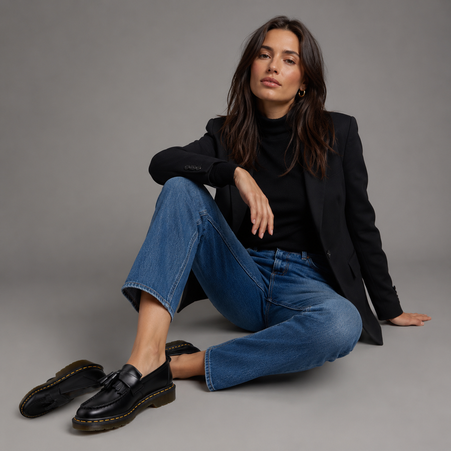 Femme assise portant des mocassins en cuir noir avec un jean