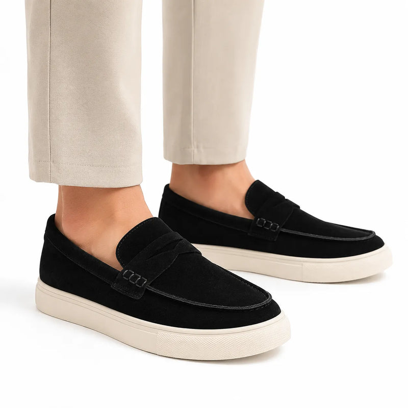 Mocassin homme daim cousu main semelle épaisse confortable - vue face couleur noir