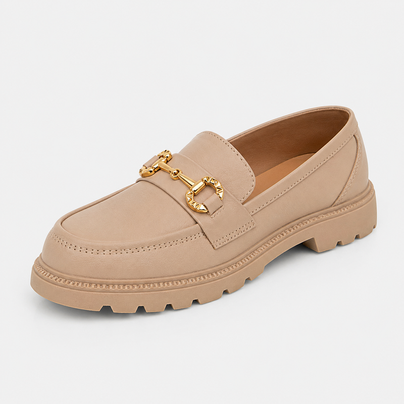 Mocassin femme beige plateforme chunky boucle dorée - vue face
