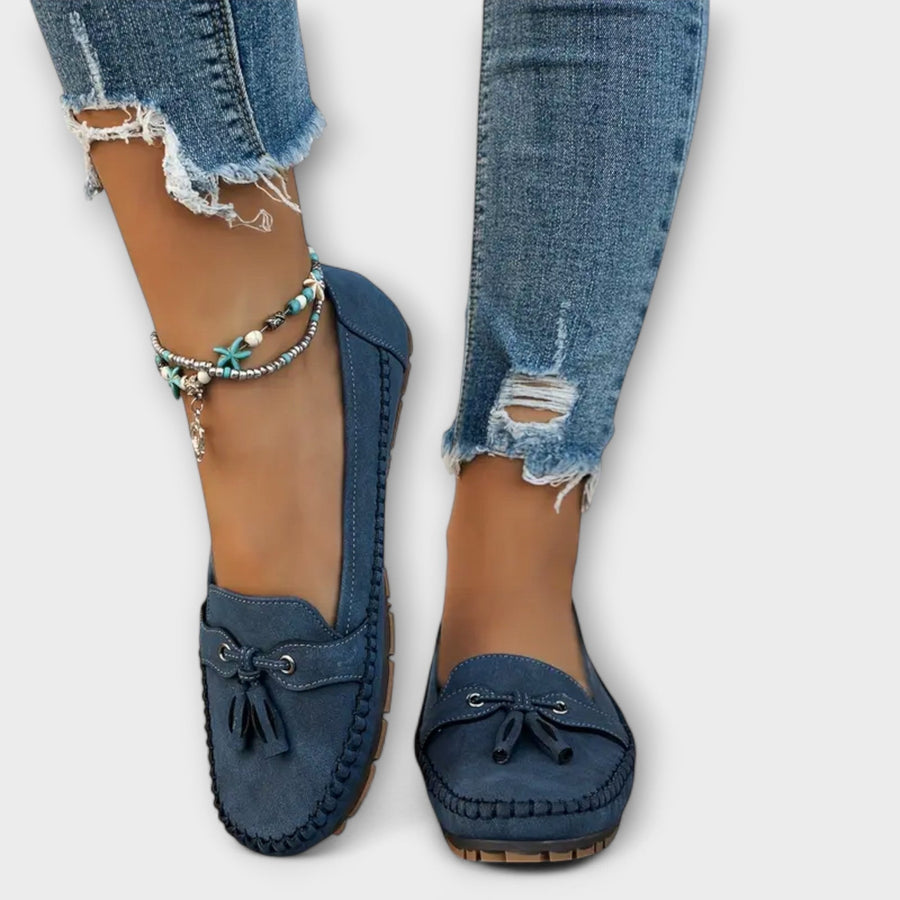 Mocassin femme bleu style conduite glands - vue portée