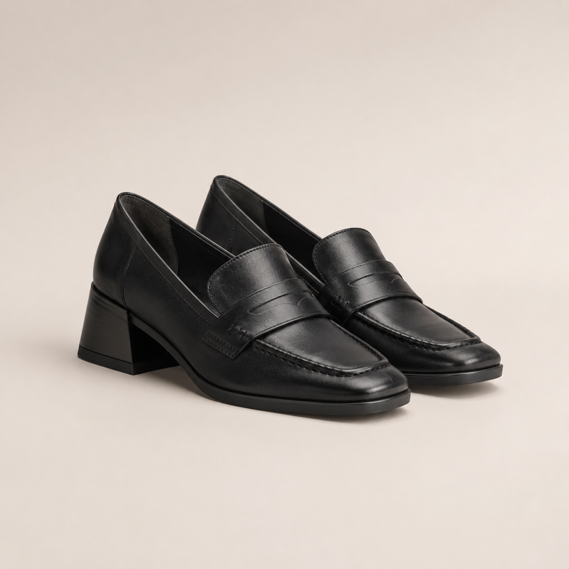 Mocassin femme noir petit talon loafer - vue face