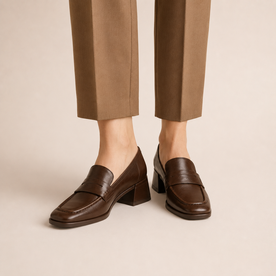 Mocassin femme noir talon loafer - vue d'ensemble posé