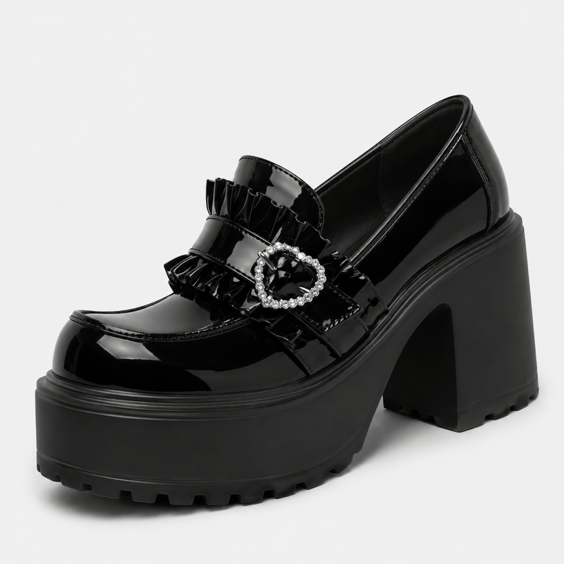 Mocassin femme noir plateforme boucle cœur - vue face