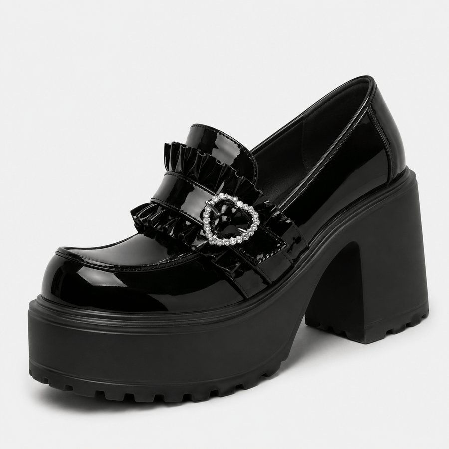 Mocassin femme noir plateforme boucle cœur - vue face