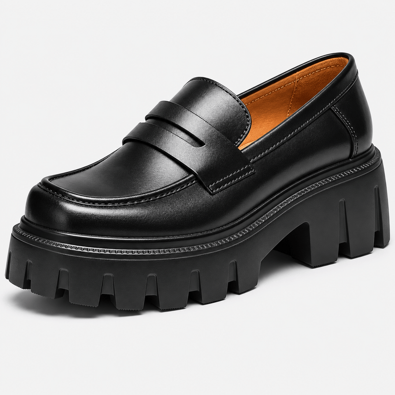 Mocassin femme noir plateforme chunky bout rond - vue face