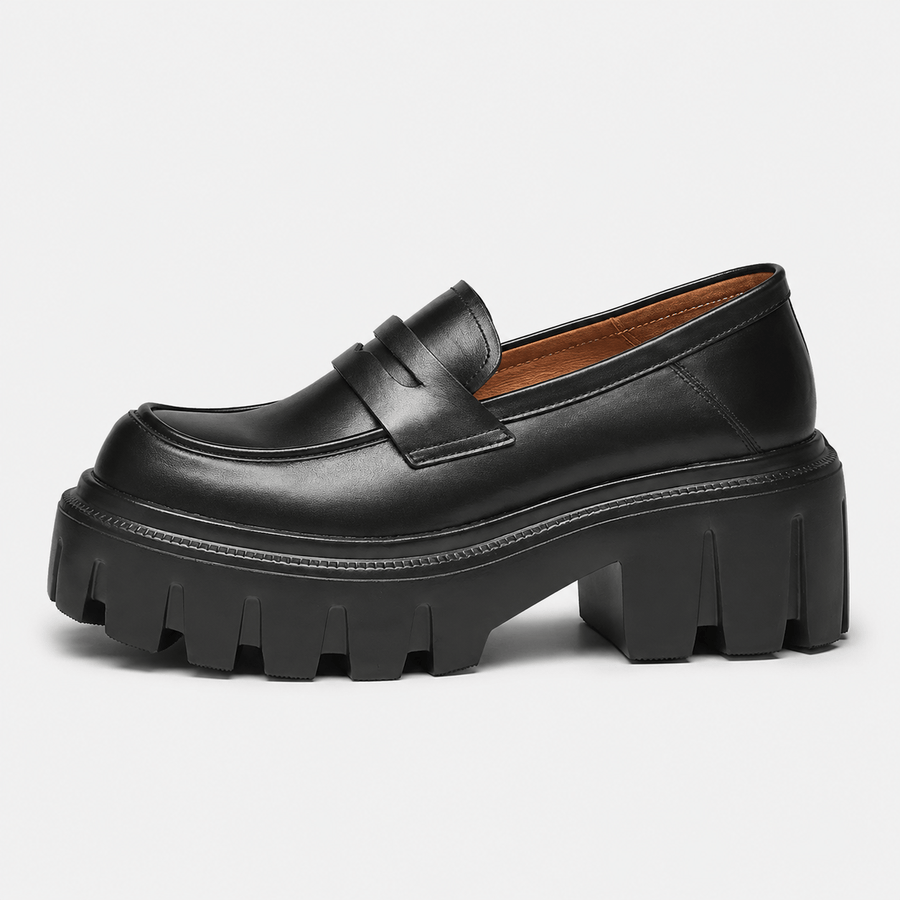 Mocassin femme noir chunky bout rond - vue de côté
