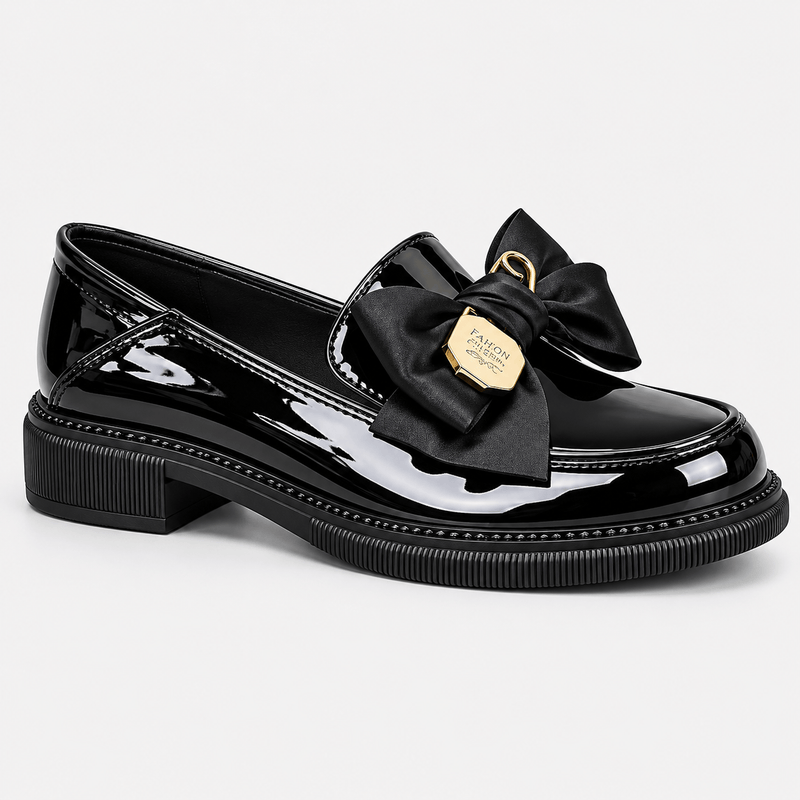 Mocassin femme noir plateforme vernis penny - vue face