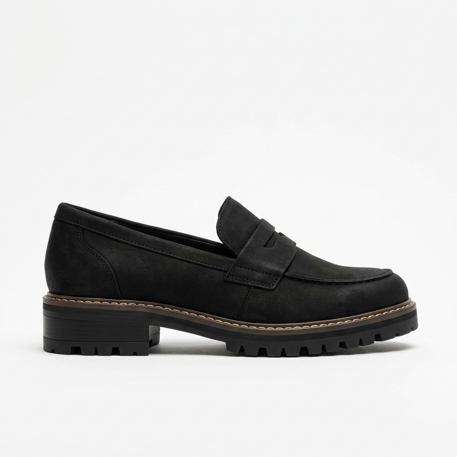 Vue latérale des mocassins femme orthopédiques noirs à enfiler