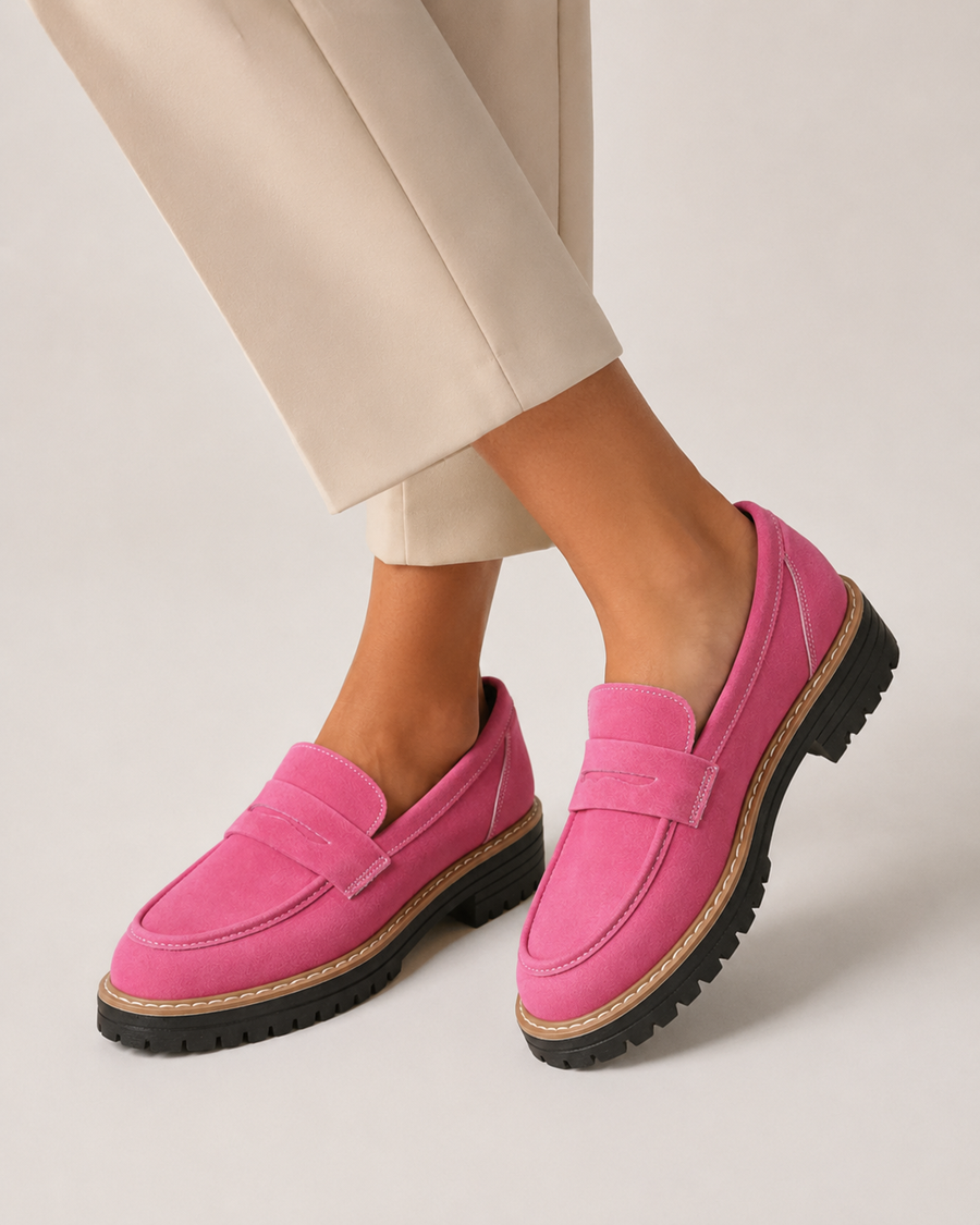 Mocassins femme orthopédiques roses portés avec un pantalon beige