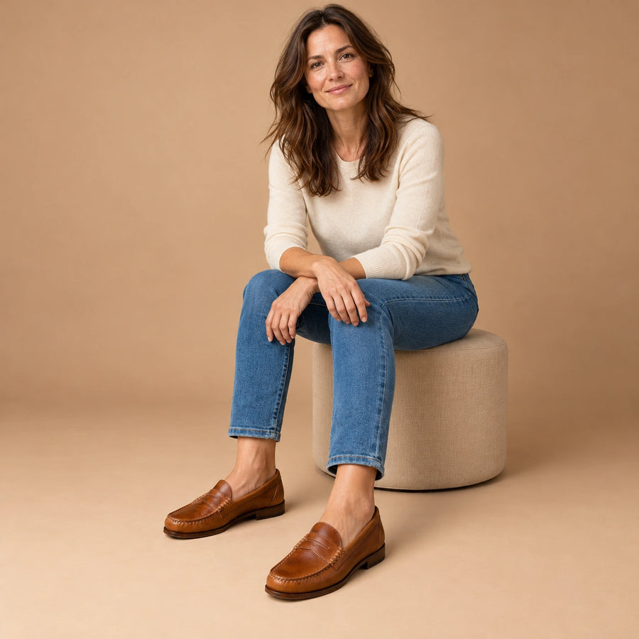 Femme portant les mocassins bruns avec un jean et un haut crème sur fond beige